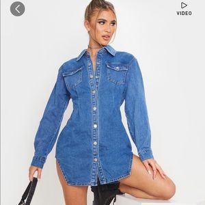 Mid Wash Cinched Waist Long Sleeve Denim Dress